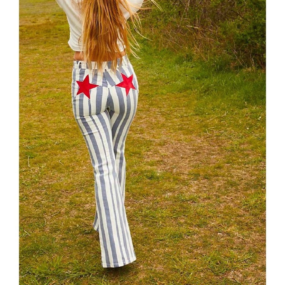 Free People Firecracker Striped Flare Jeans Blue White Red Star Back NWT Size 30